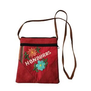 Honduras Crossbody Purse Embroidered Floral Suede Shoulder Bag Handmade 8x9